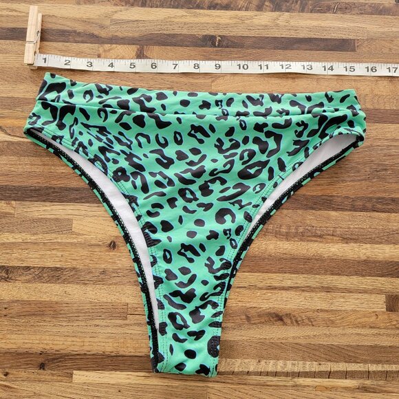 NWOT Green Animal Leopard Print Bikini Swim Bottom High Waist - Picture 1 of 6